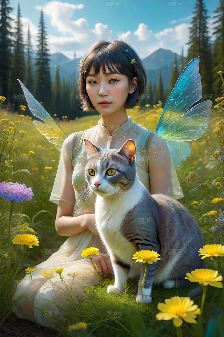 仙灵猫咪在奇幻星球的森林中休憩