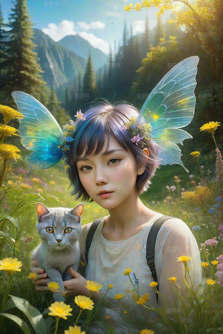 仙灵猫咪在奇幻星球的森林中休憩