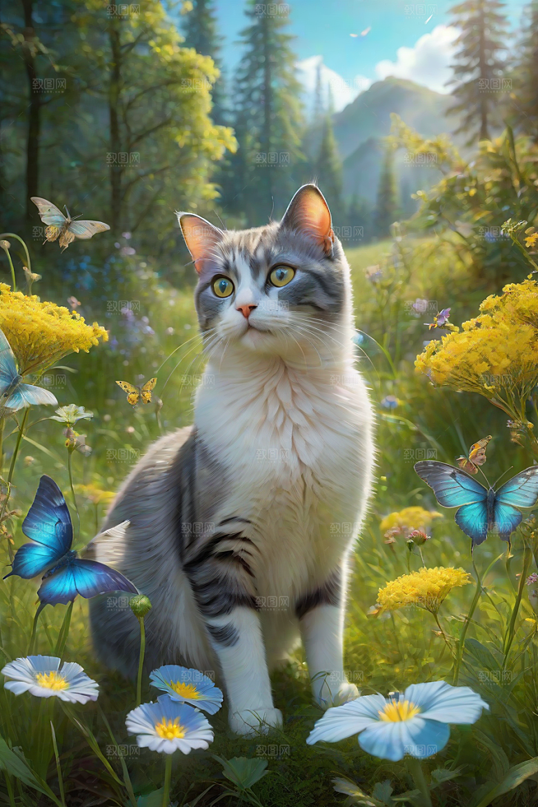仙灵猫咪在奇幻星球的森林中休憩
