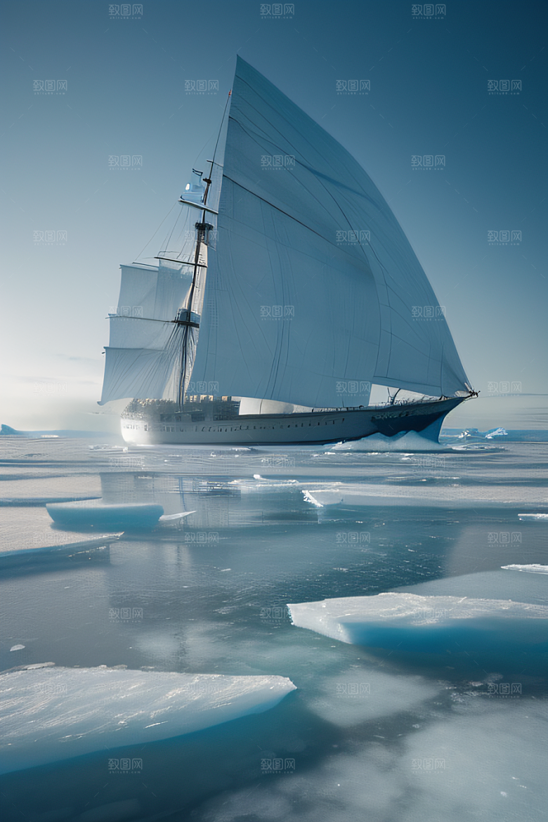 冰雪世界船只穿越北极冰海壮丽景色