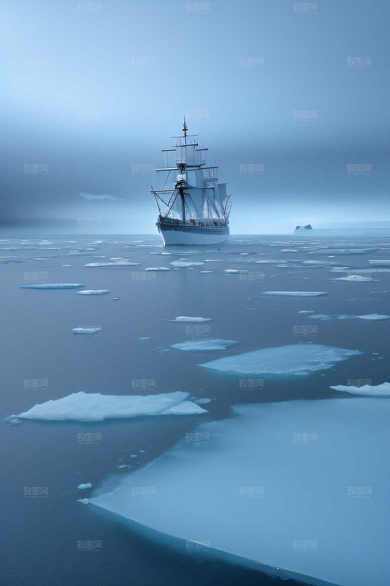 冰雪世界船只穿越北极冰海壮丽景色