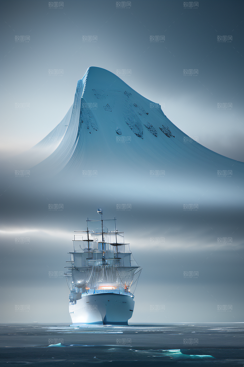 冰海之旅船只翻越冰山蔚蓝大海
