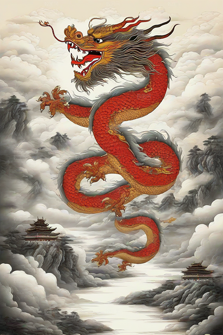 飞越白云的神龙图案