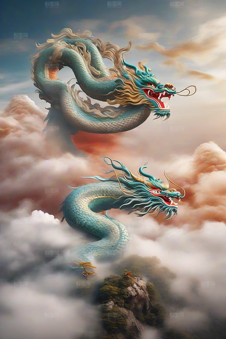 飞越白云的神龙图案