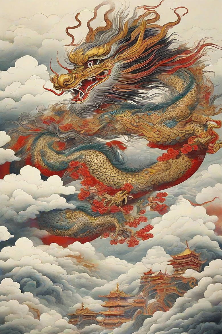 飞越白云的神龙图案