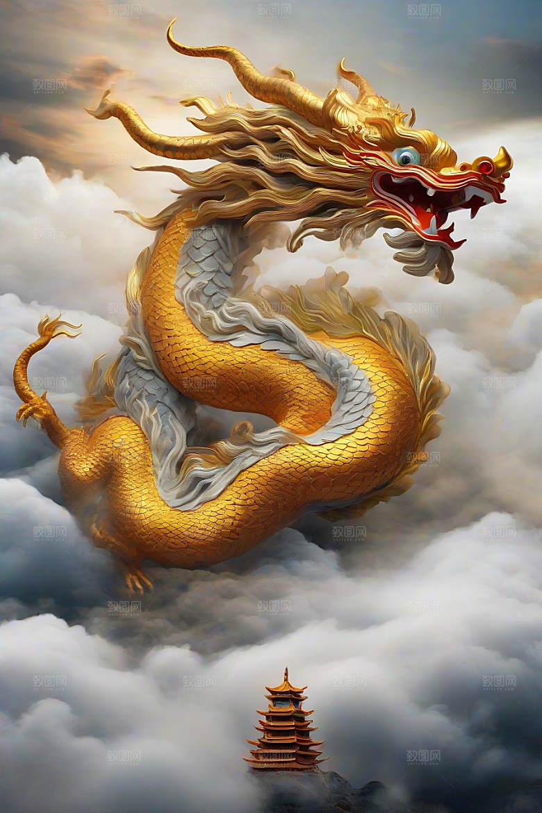 飞越白云的神龙图案