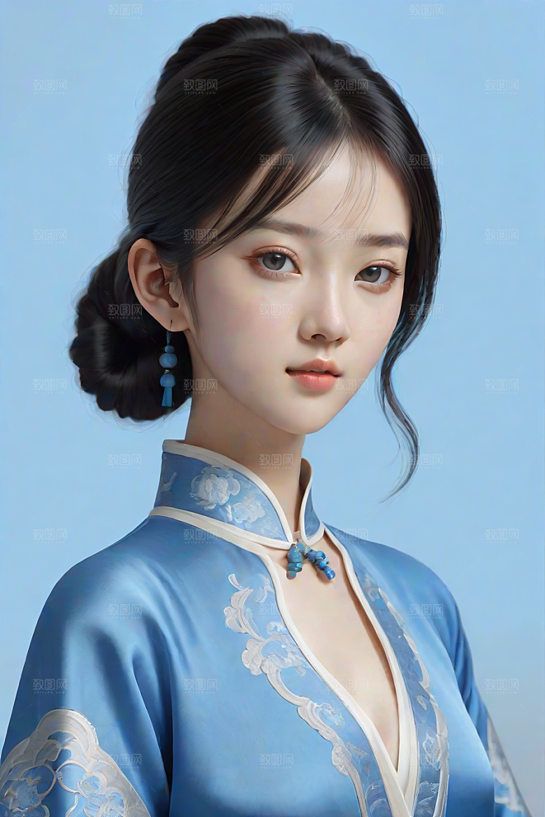 忧郁纯蓝服装秋英风格插画