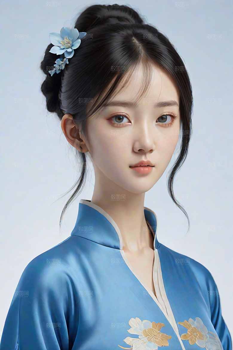 忧郁纯蓝服装秋英风格插画