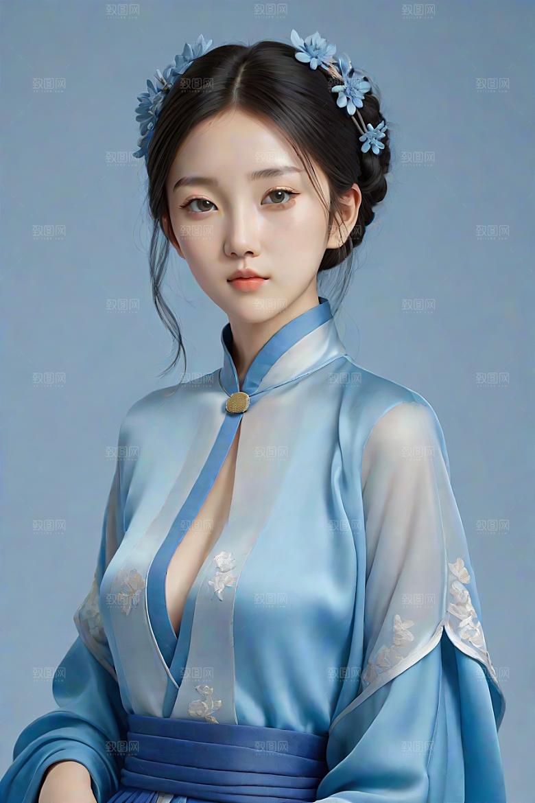 忧郁纯蓝服装秋英风格插画