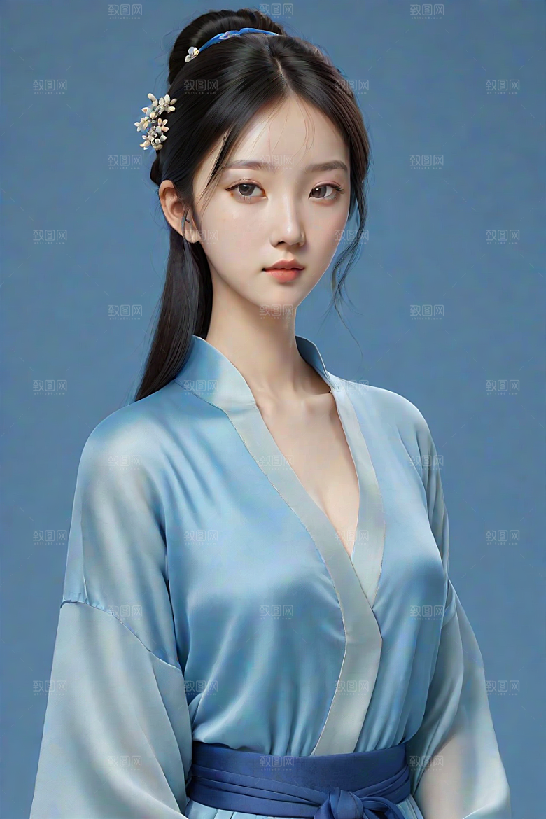 忧郁纯蓝服装秋英风格插画