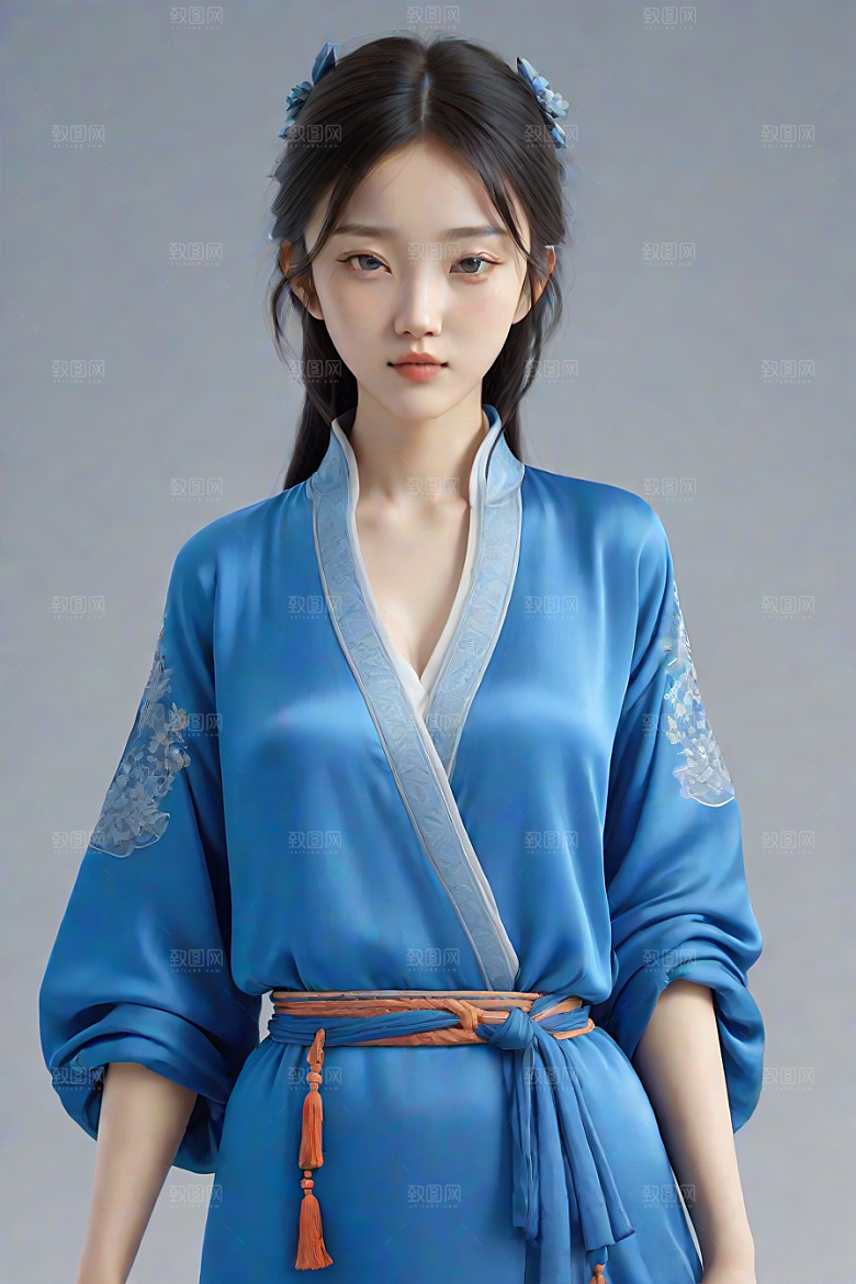 忧郁纯蓝服装秋英风格插画