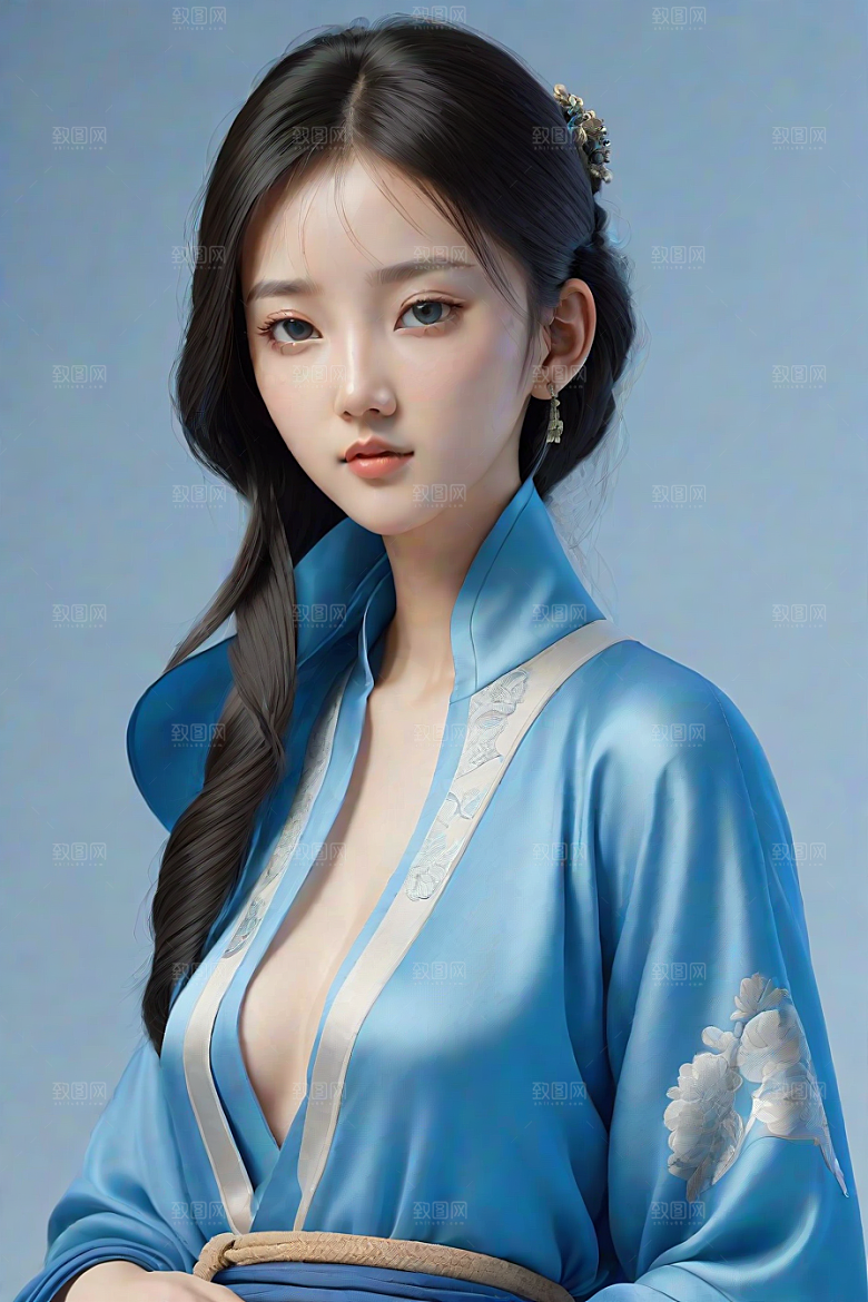 忧郁纯蓝服装秋英风格插画