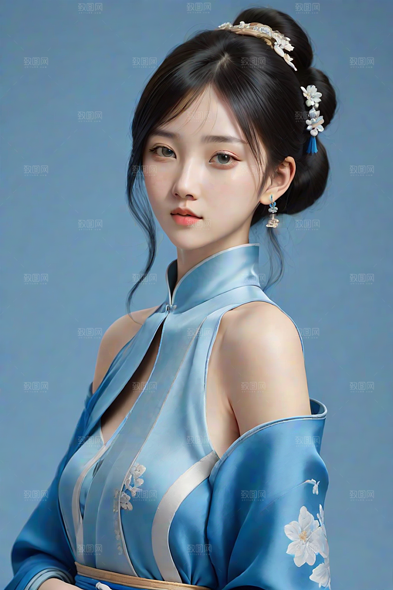 忧郁纯蓝服装秋英风格插画