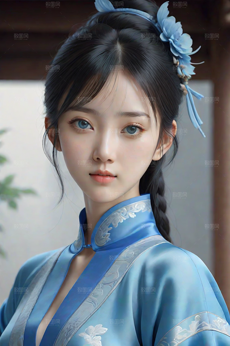 忧郁纯蓝服装秋英风格插画