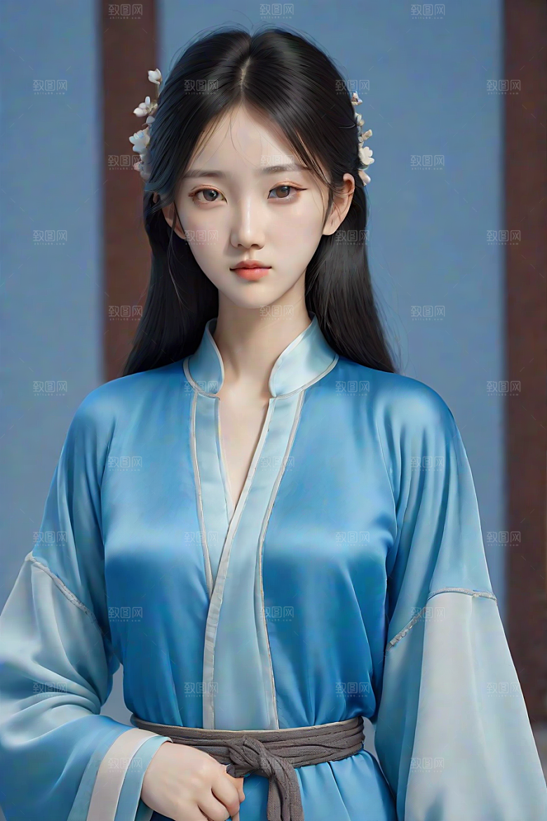忧郁纯蓝服装秋英风格插画