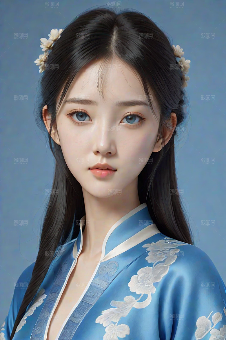 忧郁纯蓝服装秋英风格插画