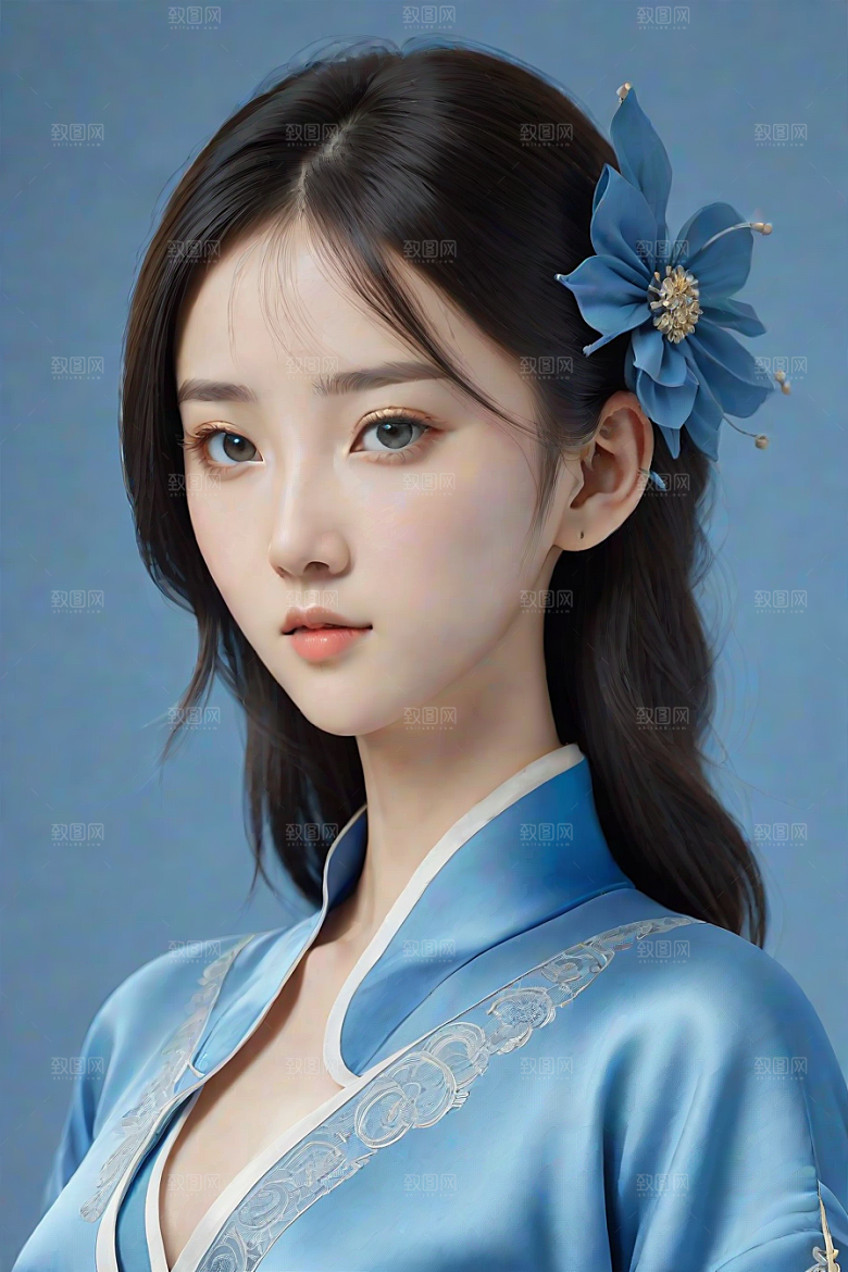 忧郁纯蓝服装秋英风格插画