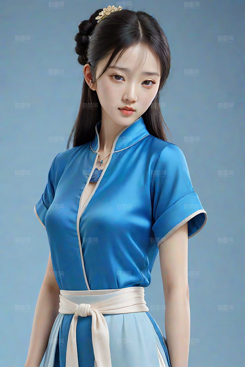 忧郁纯蓝服装秋英风格插画