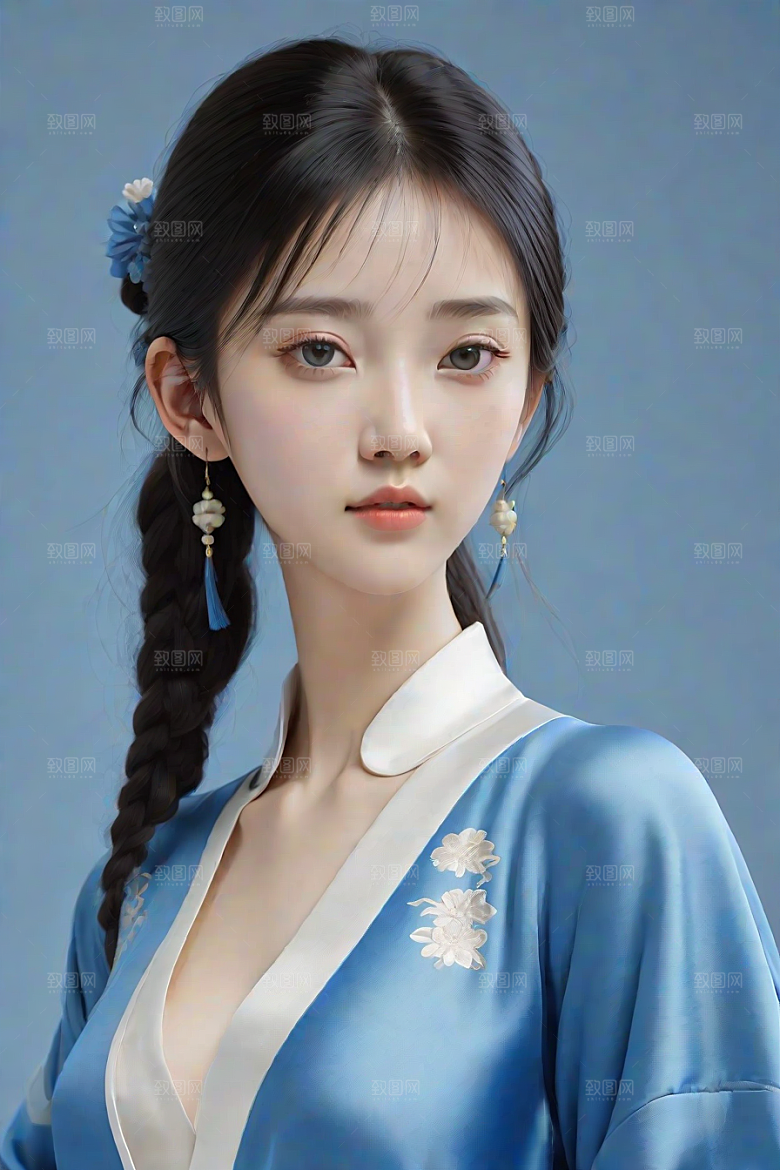 忧郁纯蓝服装秋英风格插画