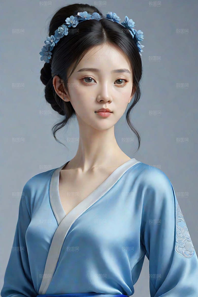 忧郁纯蓝服装秋英风格插画