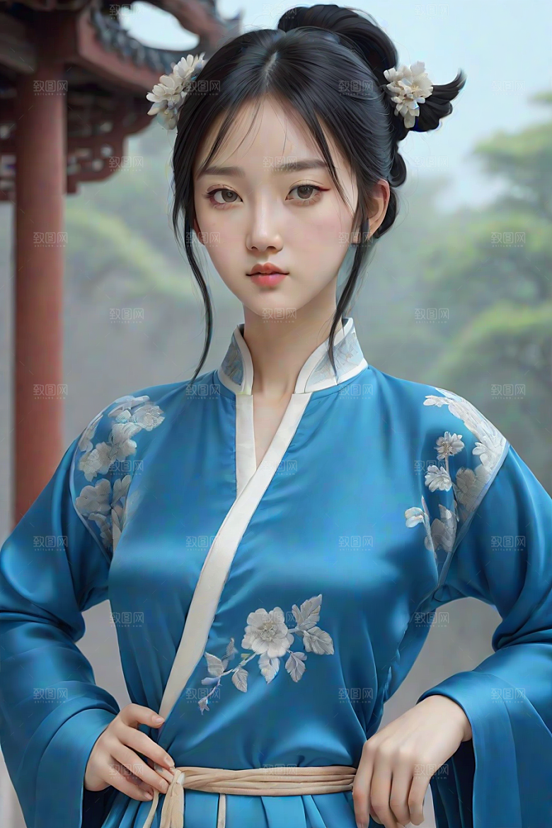 丝绸中国古典人物插画风格极简主义的服装