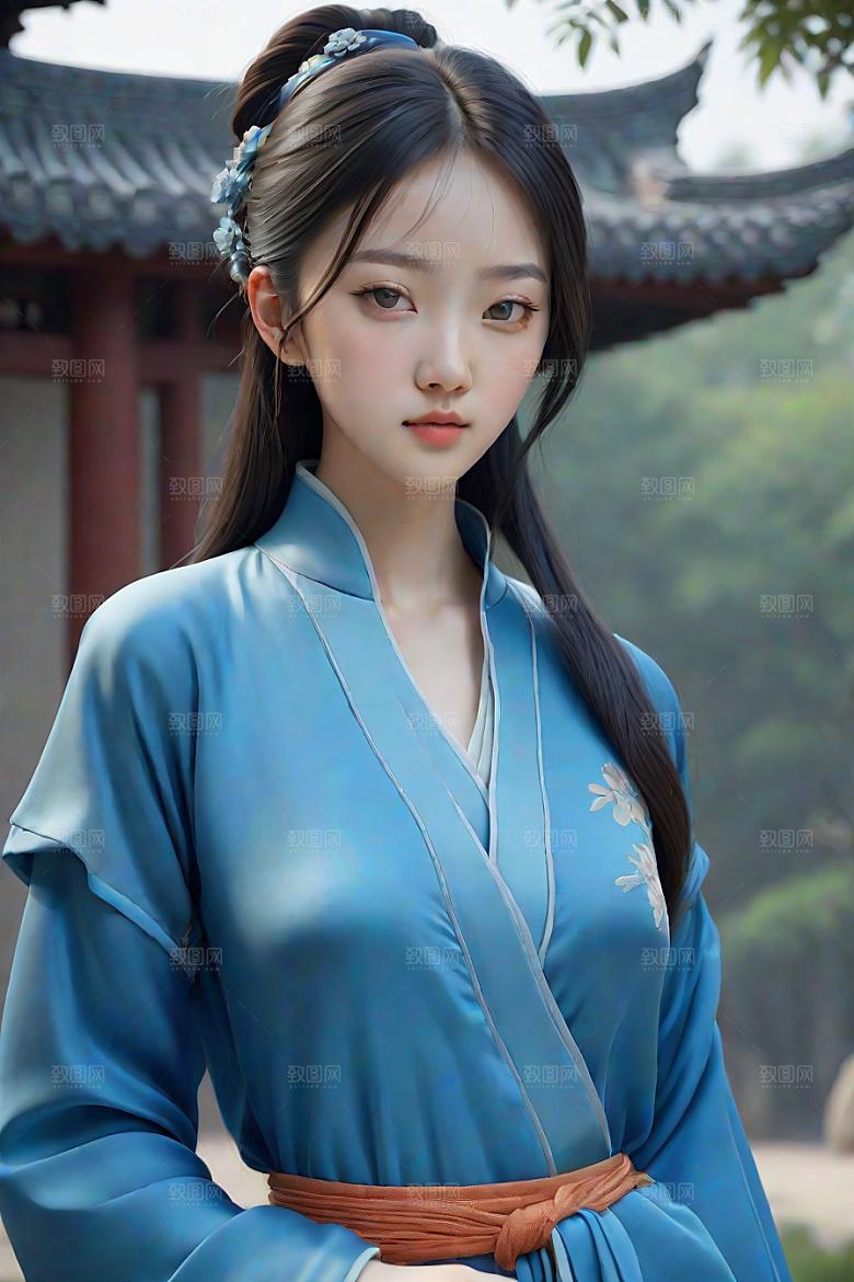 丝绸中国古典人物插画风格极简主义的服装