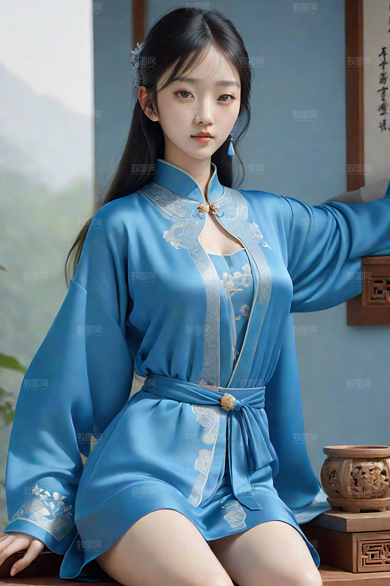丝绸中国古典人物插画风格极简主义的服装
