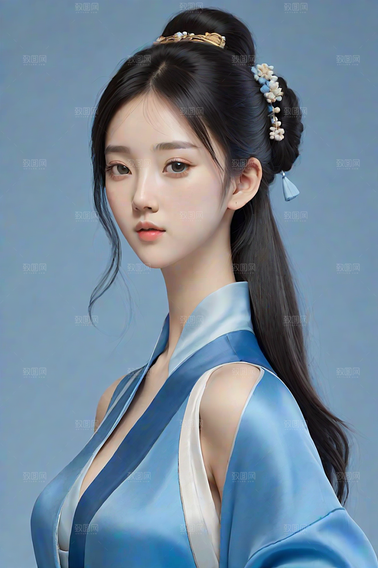 丝绸中国古典人物插画风格极简主义的服装