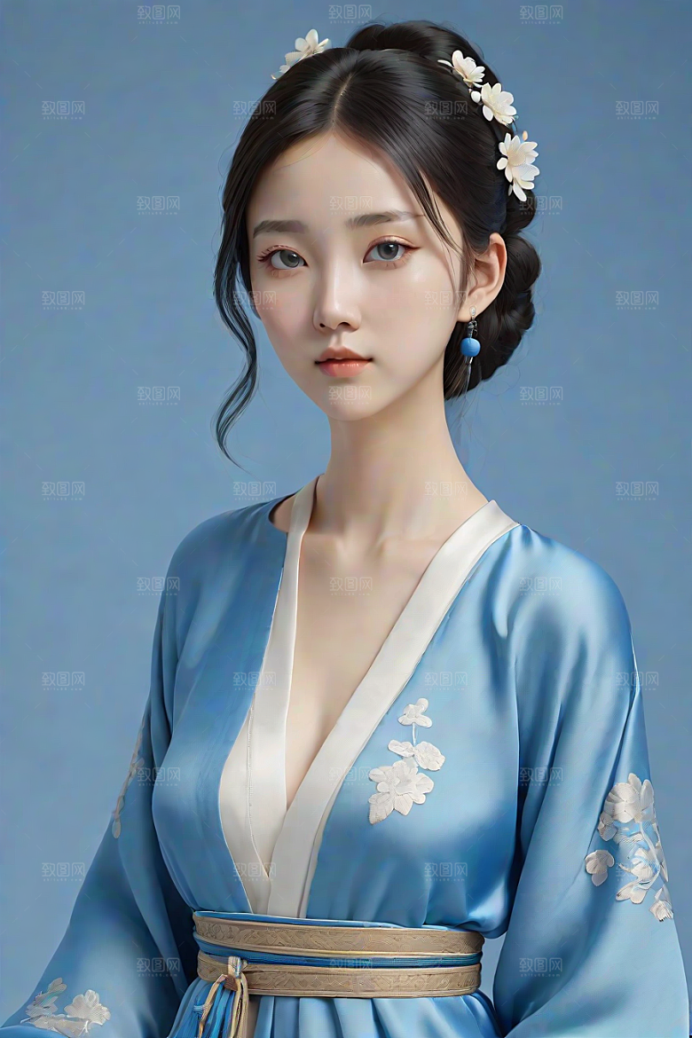 丝绸中国古典人物插画风格极简主义的服装