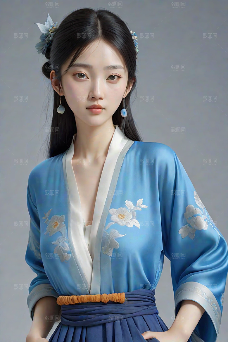 丝绸中国古典人物插画风格极简主义的服装