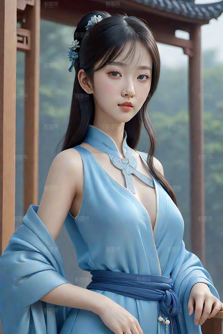 忧郁纯蓝服装秋英风格插画