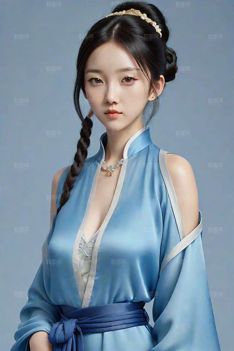 忧郁纯蓝服装秋英风格插画