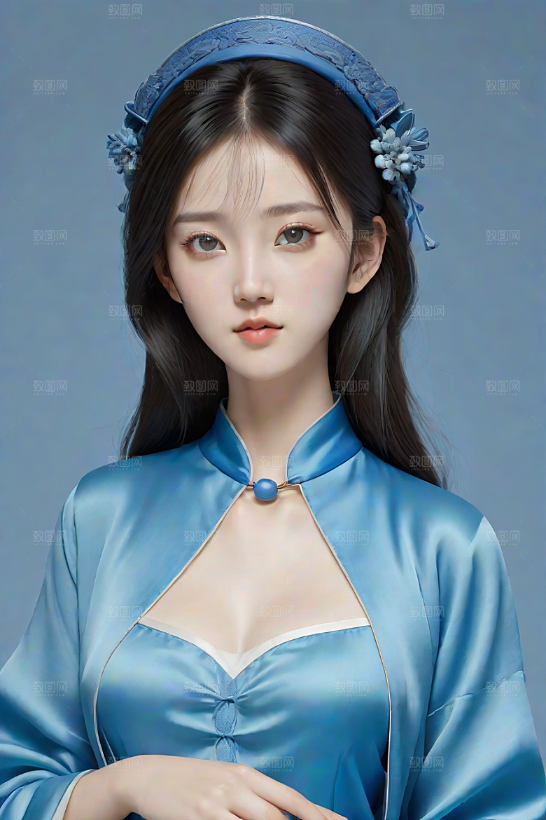 忧郁纯蓝服装秋英风格插画
