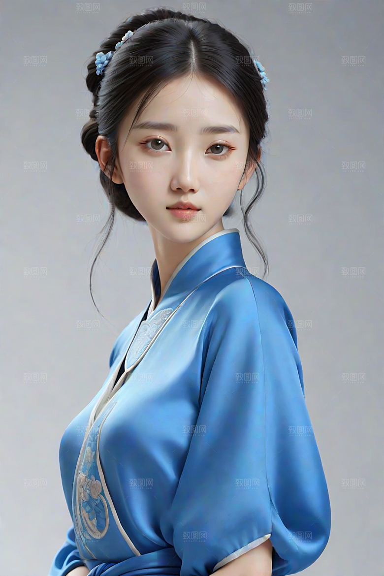 忧郁纯蓝服装秋英风格插画