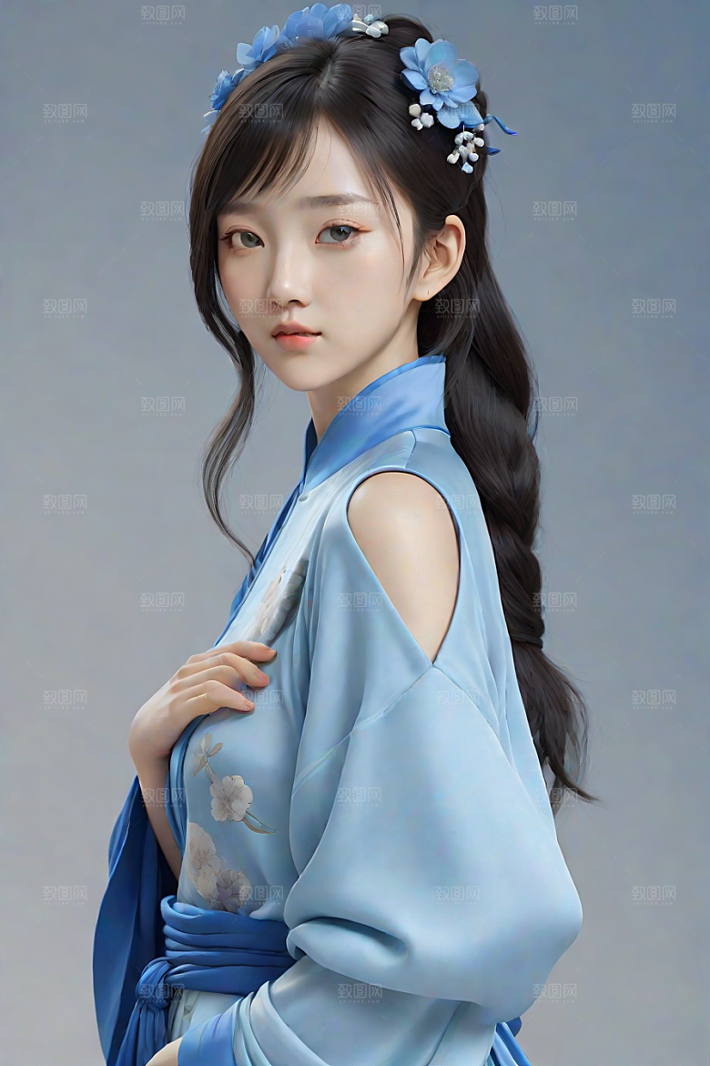 忧郁纯蓝服装秋英风格插画
