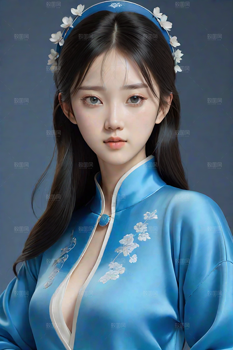 忧郁纯蓝服装秋英风格插画