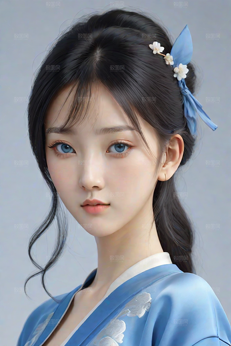 忧郁纯蓝服装秋英风格插画