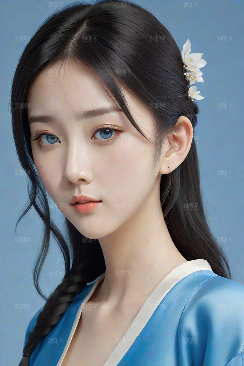 忧郁纯蓝服装秋英风格插画