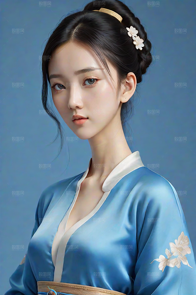 忧郁纯蓝服装秋英风格插画