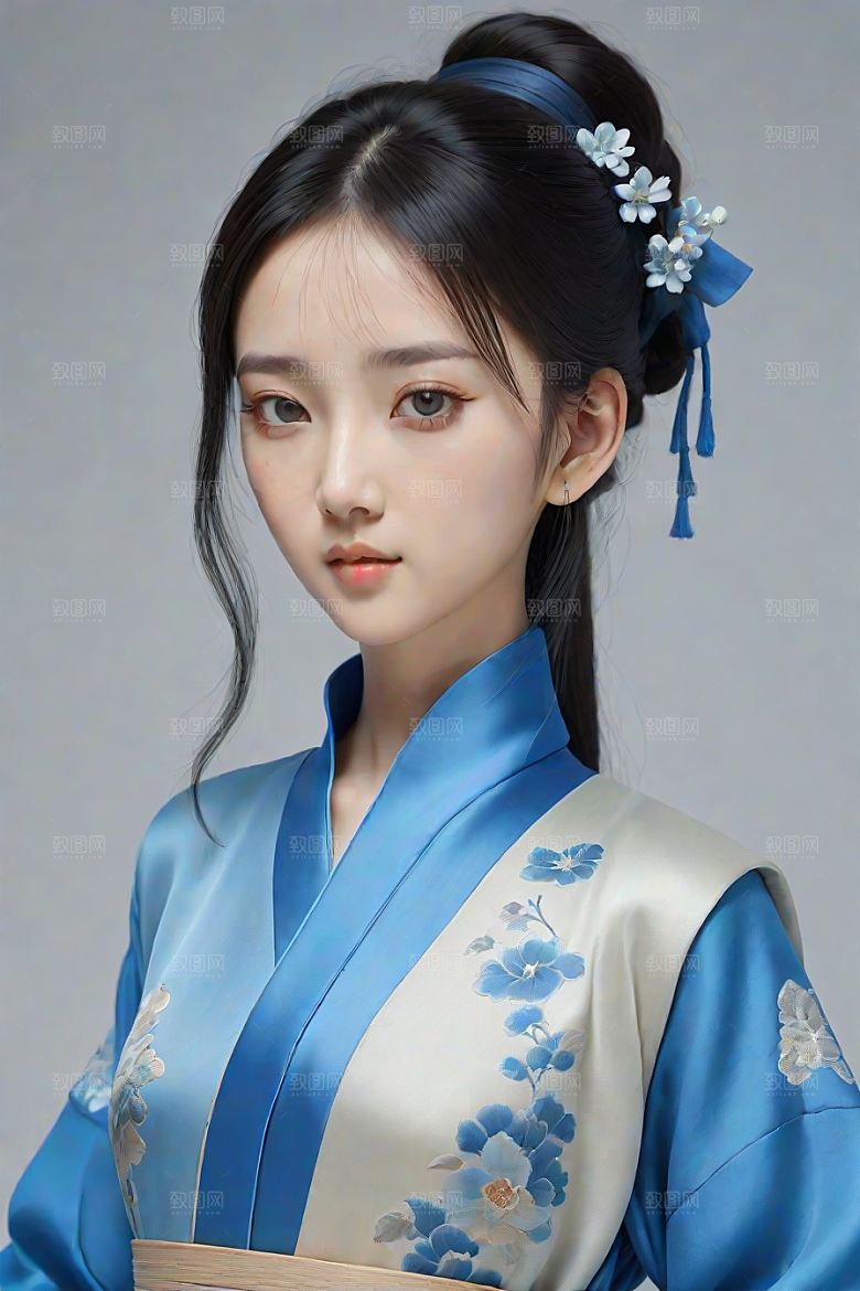 忧郁纯蓝服装秋英风格插画