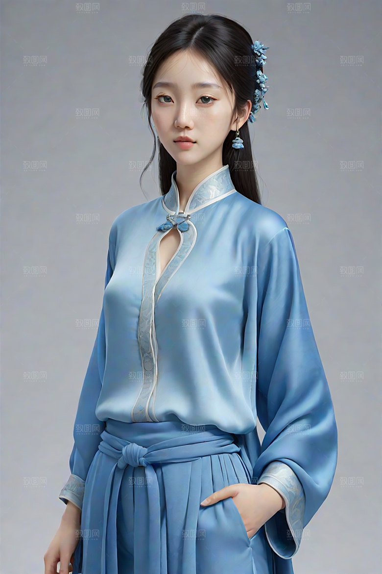 忧郁纯蓝服装秋英风格插画