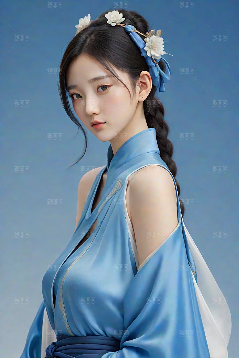 忧郁纯蓝服装秋英风格插画