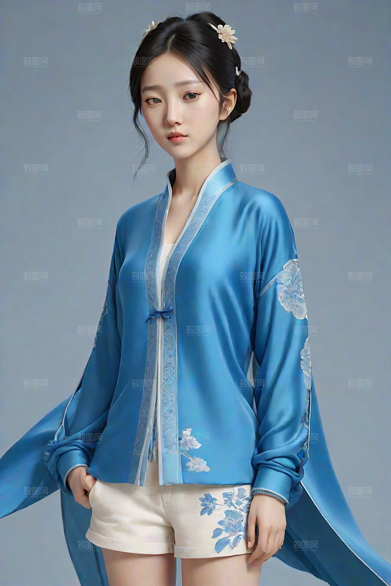 忧郁纯蓝服装秋英风格插画