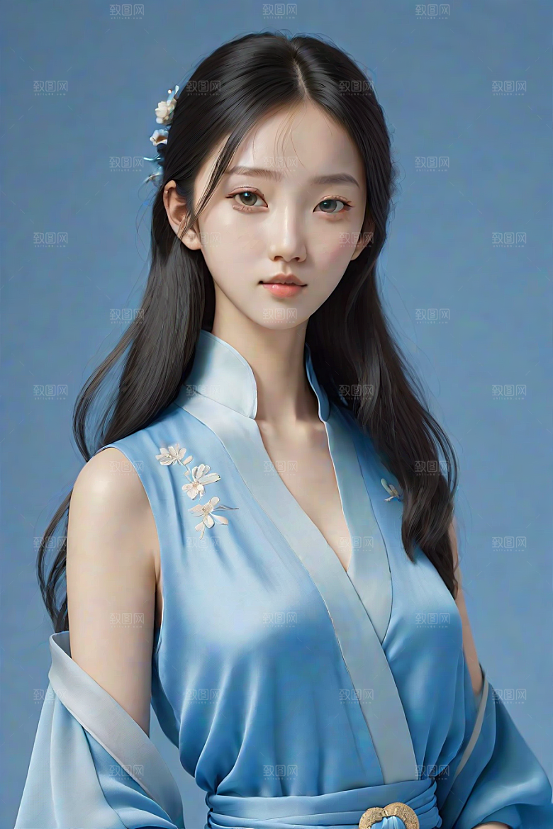 忧郁纯蓝服装秋英风格插画