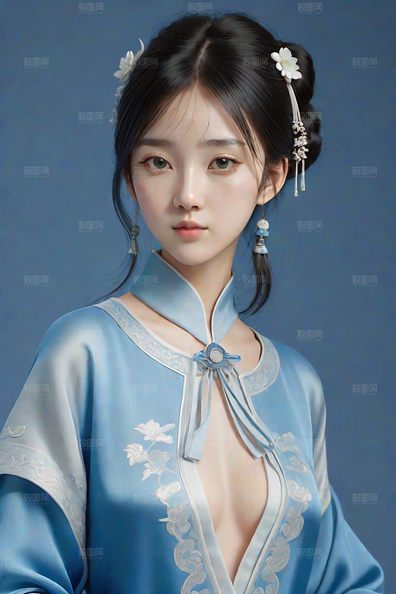 忧郁纯蓝服装秋英风格插画