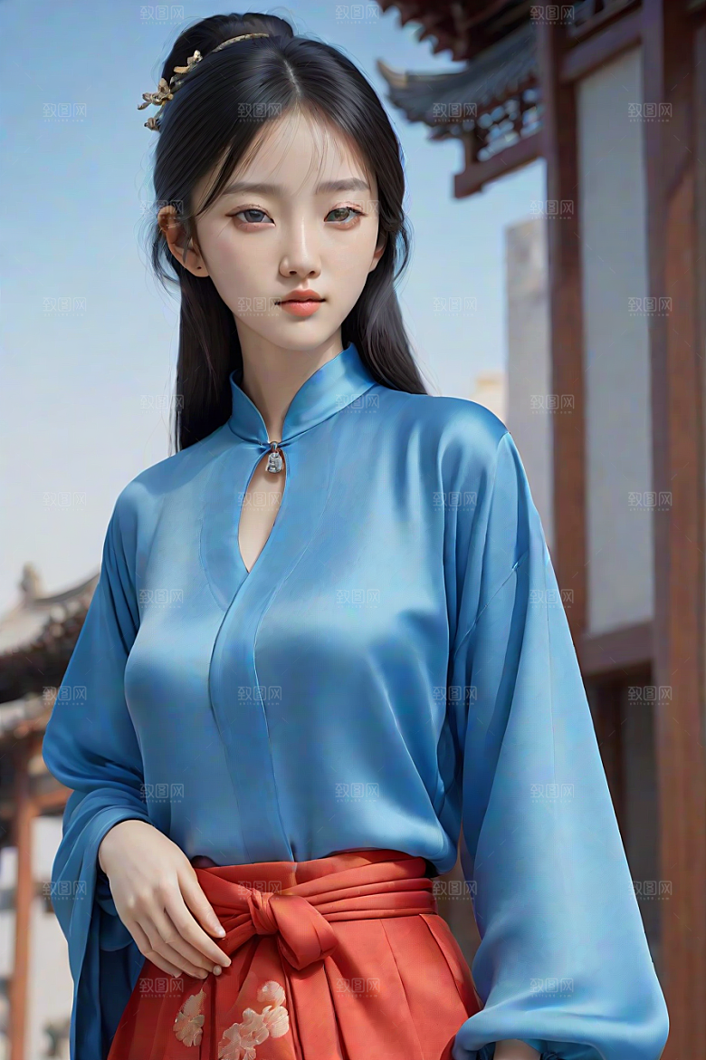 卡通风格渲染自然姿态的丝绸中国古典人物