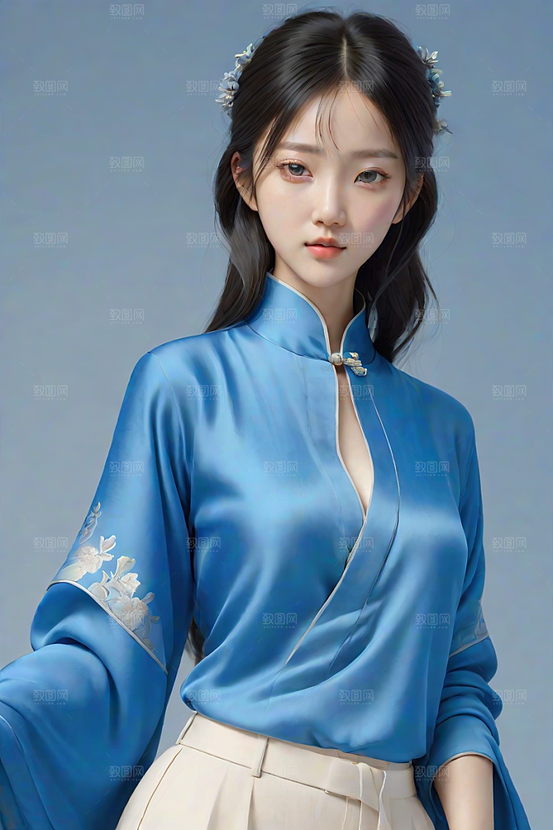 卡通风格渲染自然姿态的丝绸中国古典人物