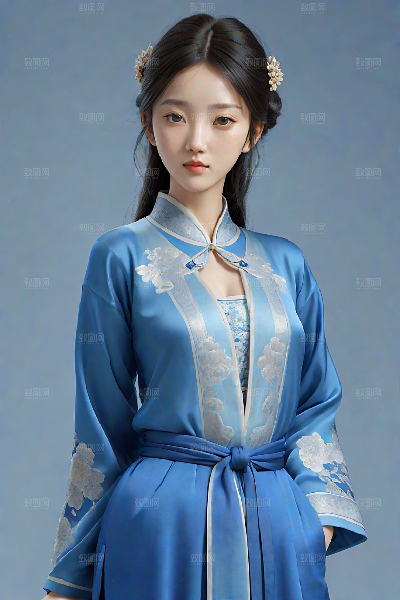 卡通风格渲染自然姿态的丝绸中国古典人物
