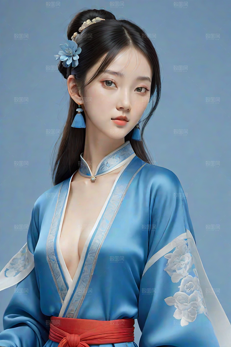 卡通风格渲染自然姿态的丝绸中国古典人物