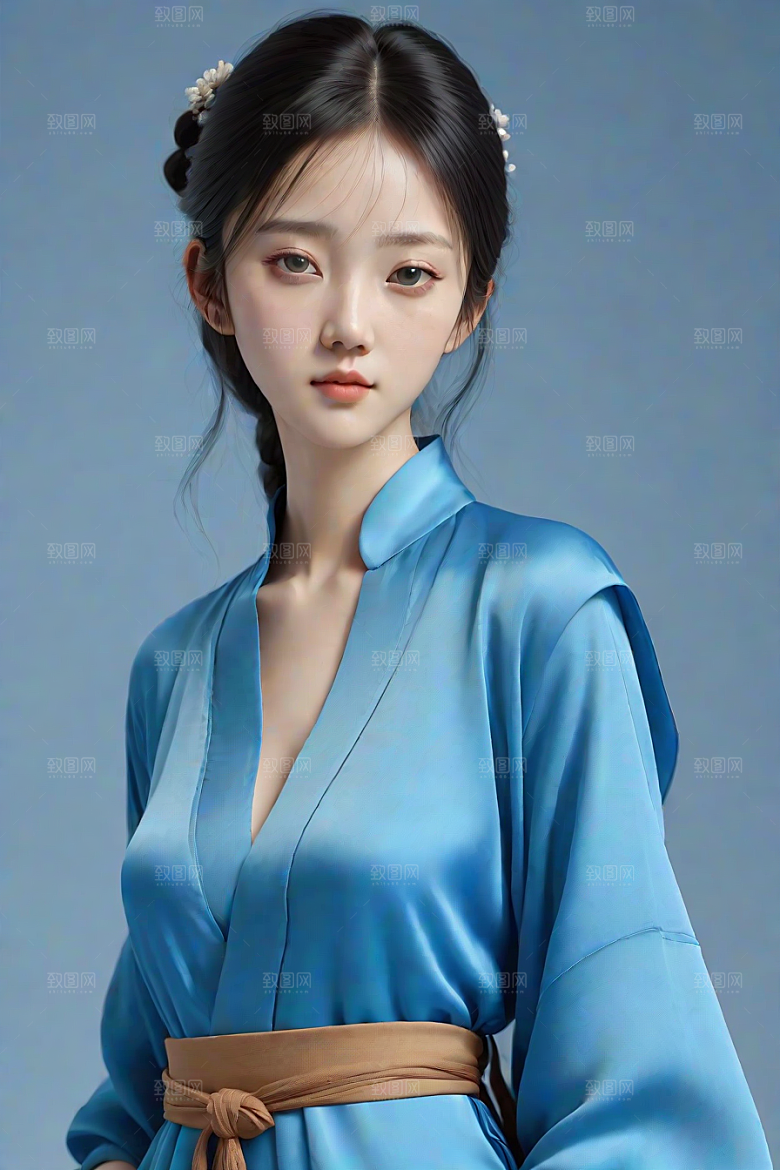 卡通风格渲染自然姿态的丝绸中国古典人物